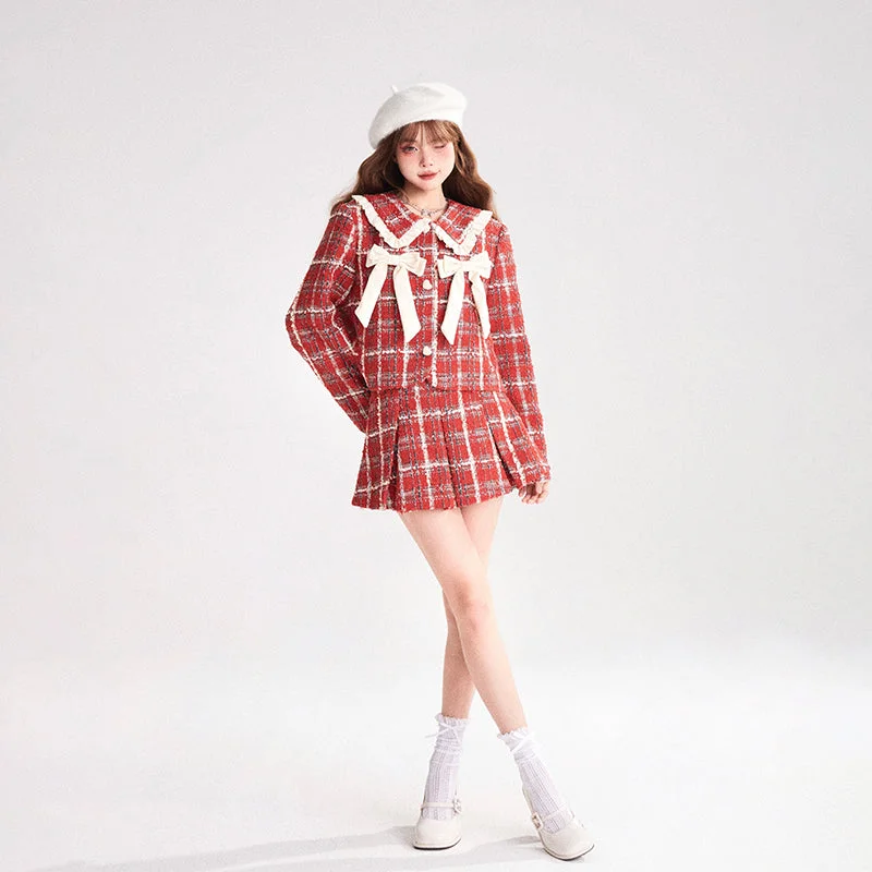 (BFM)11shop97~Red Plaid Full Set Coat and A-line Pleated Skirt