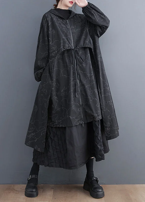 Vogue Black Asymmetrical Patchwork Print Zippered Tie Waist Hoodie Trench Coat Fall Vogue Black Asymmetrical Patchwork Print Zippered Tie Waist Hoodie Trench Coat Fall