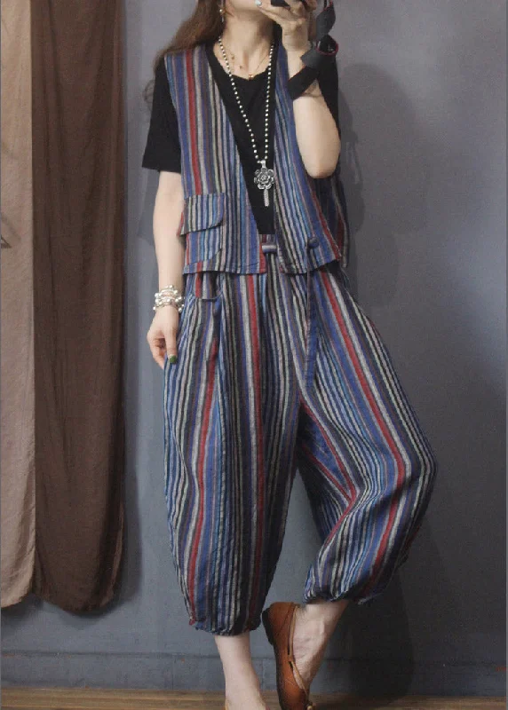 Casual Red Blue Striped Linen Waistcoat And Beam Pants Two Piece Set Outfits Summer Casual Red Blue Striped Linen Waistcoat And Beam Pants Two Piece Set Outfits Summer