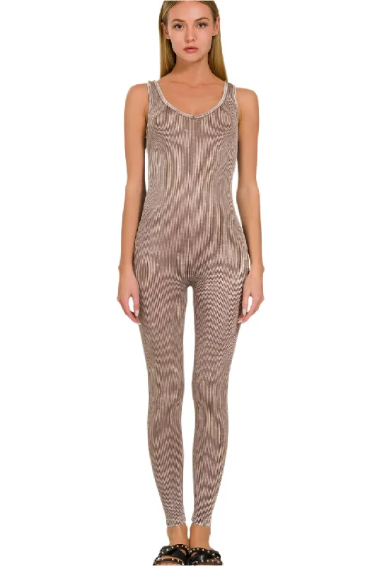 Zenana Stone Washed Ribbed Seamless Sport Jumpsuit NPW-6369 Mocha