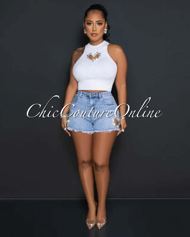 Kerry Light Denim Heart Rhinestones Key-Hole Accent Shorts