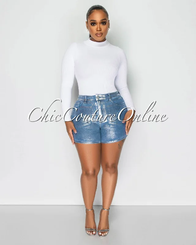 Laena Blue Medium Denim Silver Foil Shorts