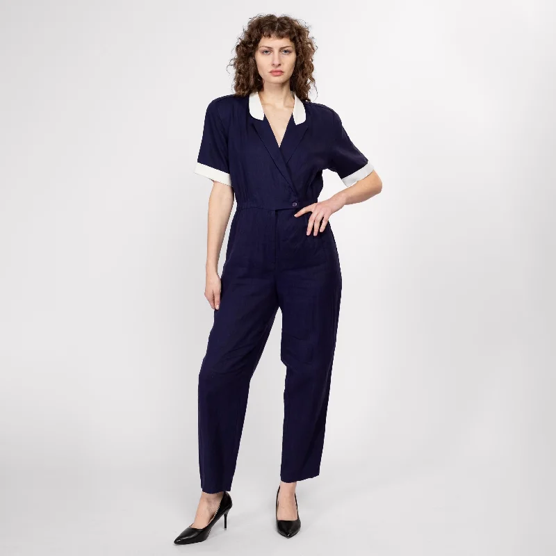 Medium 80s Navy Blue Linen Wrap Jumpsuit