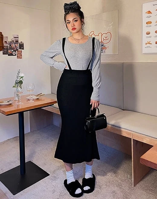 Myah Solid Color Grey Long Sleeve Top Black Back Slit Jumpsuit Matching Set