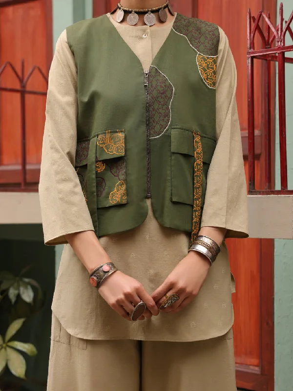 Green Mehndi Cambric Waistcoat - AL-LK-LCT-917