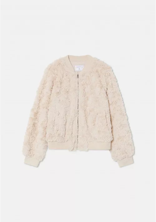 COMPANIA FANTASTICA WHITE CROPPED FAUX FUR BOMBER JACKET LONG SLEEVES WHITE